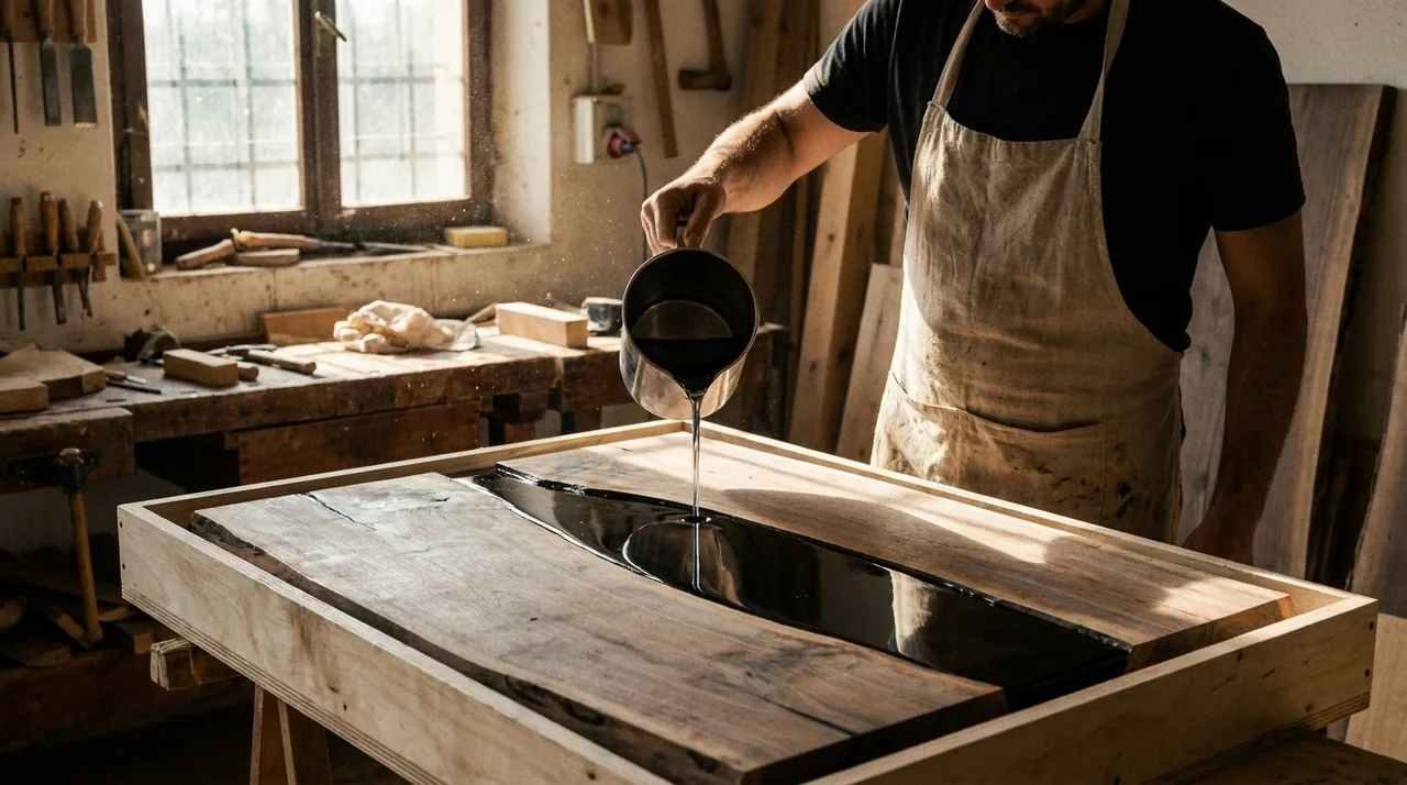 Artigiano cola resina epossidica nera trasparente fra due assi di noce con bordo vivo nella bottega Wood Riviera