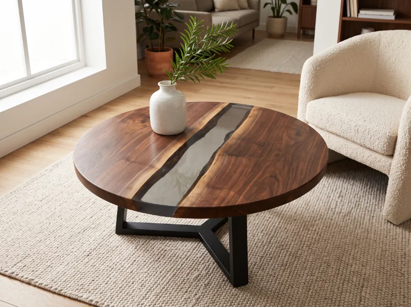 Tavolino da salotto tondo in legno di noce e resina fumé, immagine illustrativa — Wood Riviera