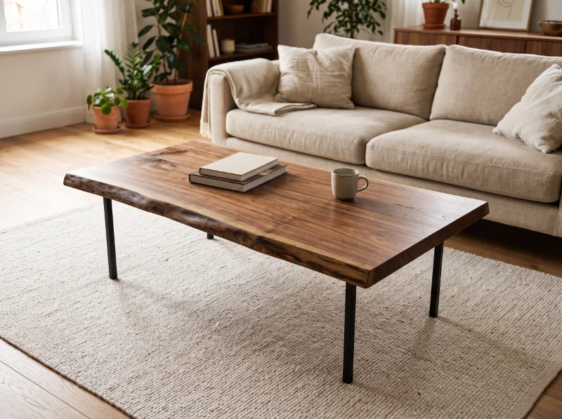 Tavolino da salotto in legno massello di noce con bordo vivo, immagine illustrativa — Wood Riviera