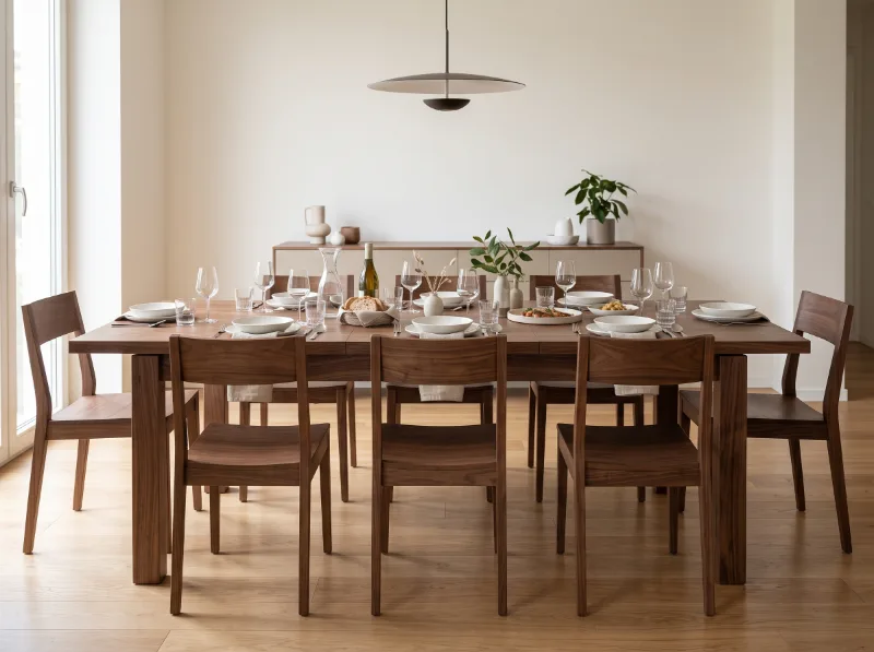 Tavolo allungabile in legno massello di noce, aperto con l'allunga, immagine illustrativa — Wood Riviera