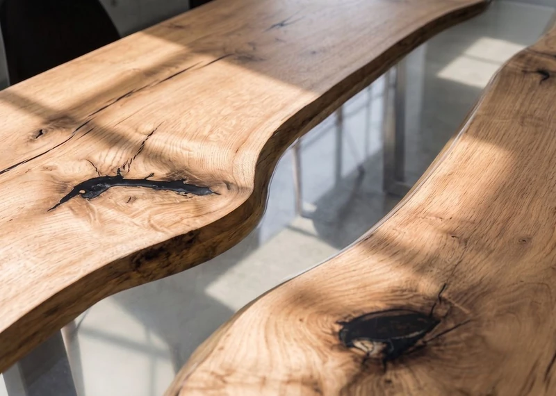 Piano in rovere massello e resina, dettaglio ravvicinato — Ando Essence di Wood Riviera
