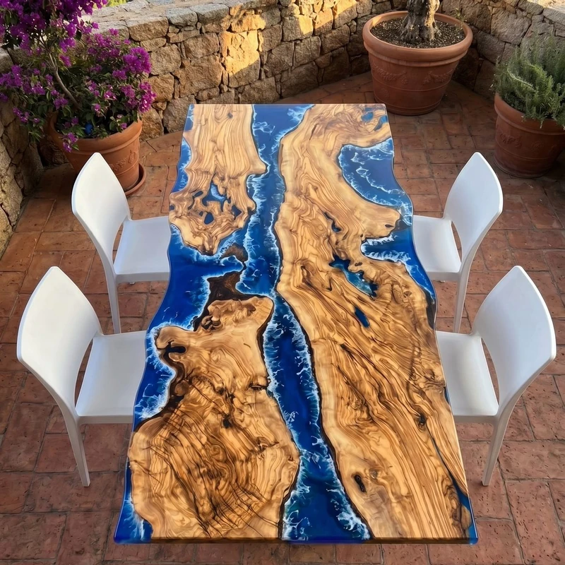 Piano in ulivo e resina blu visto dall’alto — Oltremare di Wood Riviera