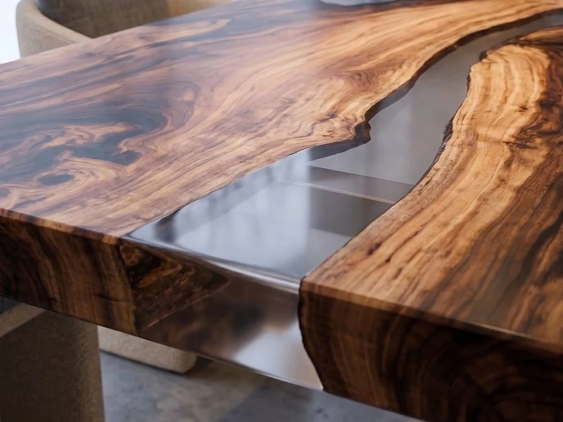 Piano in ulivo secolare e resina trasparente bordo vivo, dettaglio ravvicinato — Cristallo di Wood Riviera