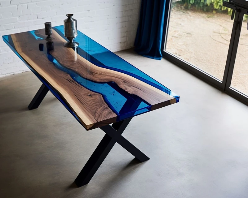 Azurea, tavolo in legno massello e resina blu intenso — Wood Riviera