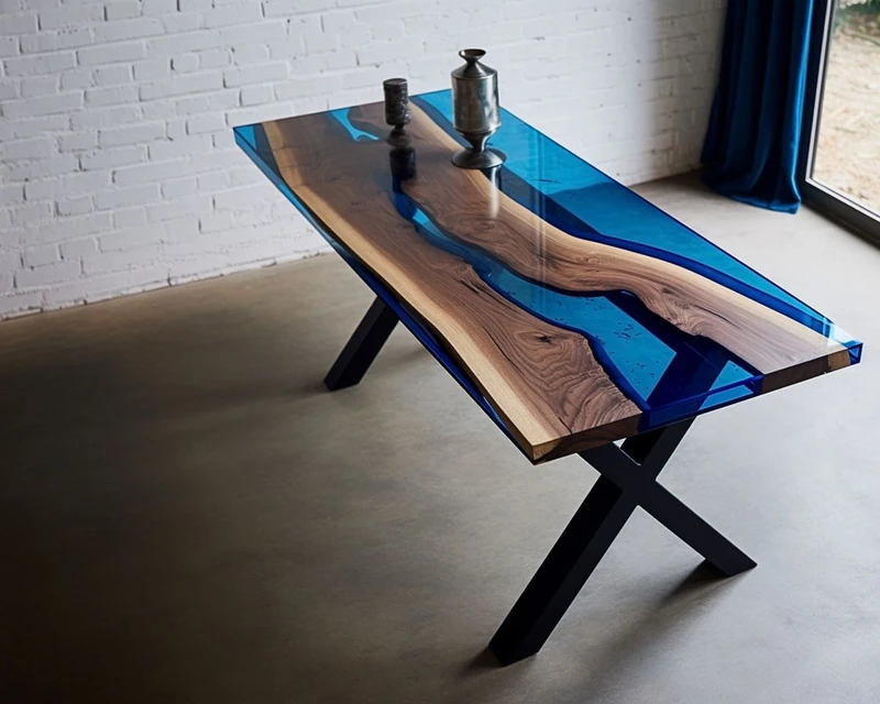 Azurea, tavolo in legno massello e resina blu intenso — Wood Riviera