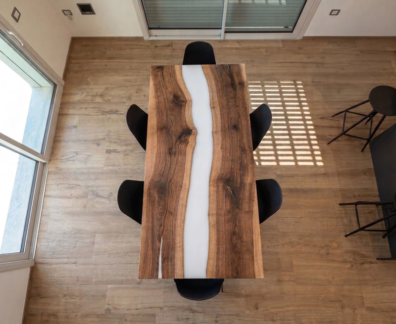 Tavolo da pranzo in legno e resina bianca visto dall’alto — Bianco Ghiaccio di Wood Riviera