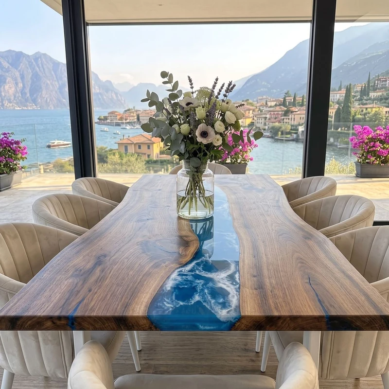 Tavolo da pranzo in legno e resina blu vista lago — Marea di Wood Riviera