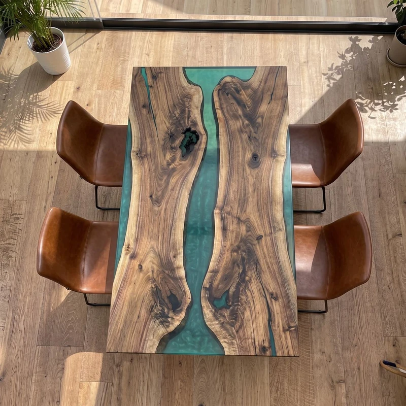 Tavolo da pranzo in noce e resina verde — Laguna di Wood Riviera