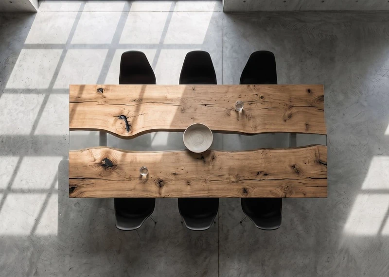 Tavolo da pranzo in rovere e resina visto dall’alto — Ando Essence di Wood Riviera
