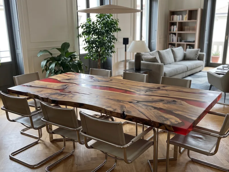 Scuderia, river table in noce nazionale a bordo vivo e resina rosso scuderia — Wood Riviera