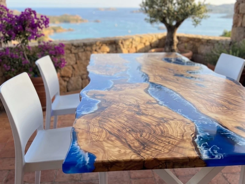 Tavolo in ulivo e resina blu su una terrazza sul mare — Oltremare di Wood Riviera