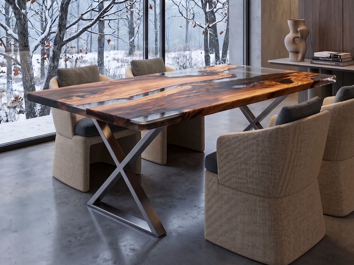 Tavolo da pranzo Cristallo in ulivo secolare e resina trasparente con gambe a X in acciaio — Wood Riviera