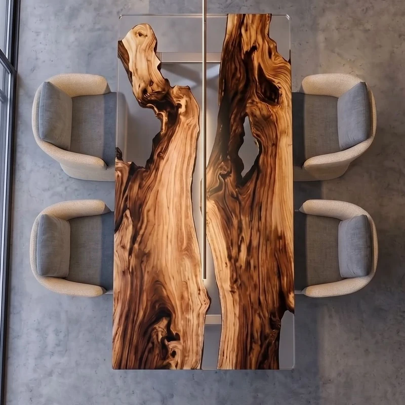 Tavolo in ulivo secolare e resina trasparente visto dall’alto — Cristallo di Wood Riviera