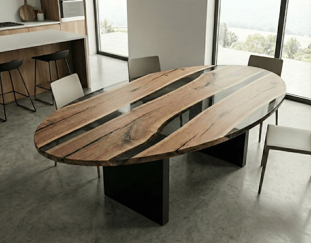 Tavolo da pranzo Ellisse Fumè in legno e resina